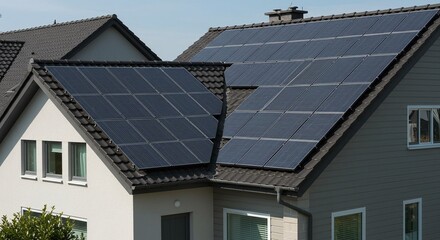 Solar panels are installed across the roof of a modern house to generate renewable electricity. Concept of residential solar energy for homes.