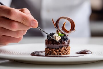 Foods styling magazine content concept. Delicate dessert being plated with artistic flair by a chef's hand.