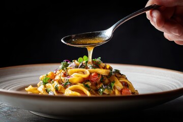 Foods styling magazine content concept. Delicious pasta dish being drizzled with sauce on a stylish plate.