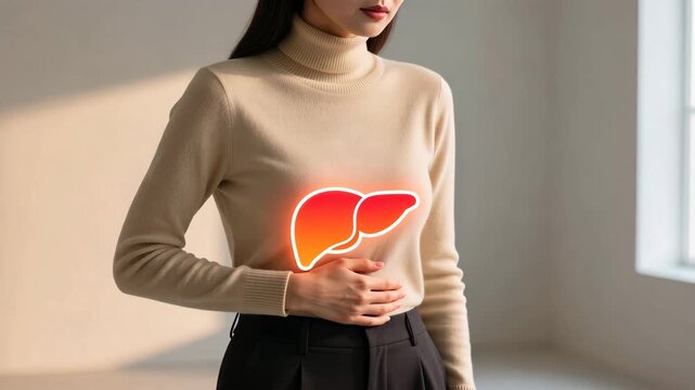 A woman touching on a glowing red liver icon on abdomen, symbolizing fatty liver disease, hepatic steatosis pain