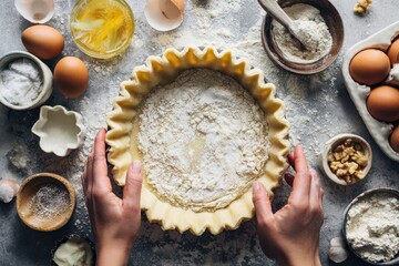 Foods styling magazine content concept. Preparing a pie crust with various baking ingredients on a countertop.