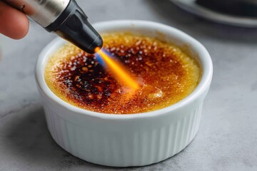 Foods styling magazine content concept. A chef caramelizing the top of a crème brûlée with a kitchen torch.