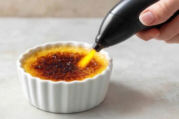 Foods styling magazine content concept. Crème brûlée being caramelized with a kitchen torch in a white dish.