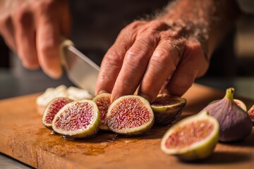 Foods styling magazine content concept. Hand of a person slicing fresh figs on a wooden cutting board.
