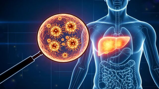 A blue torso and magnifier showing a orange virus cluster, concept of fatty liver disease, hepatic steatosis infection
