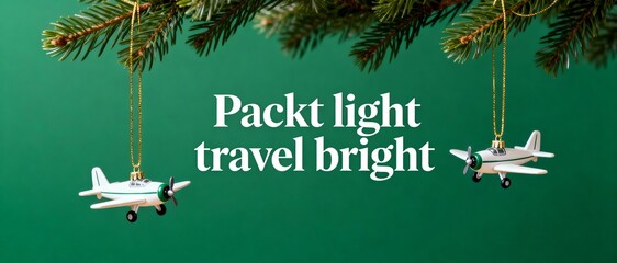 Airplane models hang as ornaments on thin gold threads from a spruce branch against a matte green background with soft studio lighting and elegant "Packt light travel bright" text centered with ample 