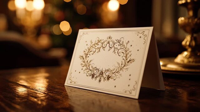 Elegant vintage greeting card with intricate floral design displayed on warm wooden background capturing festive atmosphere