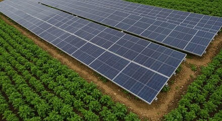 A row of solar panels is installed in an agricultural field to simultaneously produce electricity and grow crops. Concept of an agrivoltaic system for dual land use.
