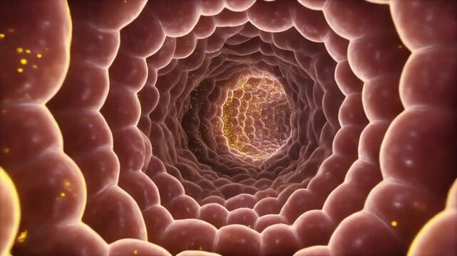Medical Fly Through Animation Of Small Intestine Absorption Illustrating Nutrient Uptake With Glowing Particles And Cellular Structures In Warm Tones