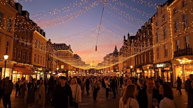 Festive street scene at dusk, decorated with string lights, filled with people. Buildings frame the street