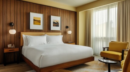 A chic modern bedroom with a queen bed, soft yellow tones, and a wooden accent wall, creating a warm and inviting ambiance.