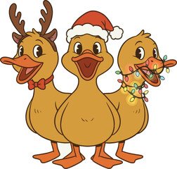 Naklejka premium Three headed duck cartoon wearing christmas and reindeer accessories on a cream colored background