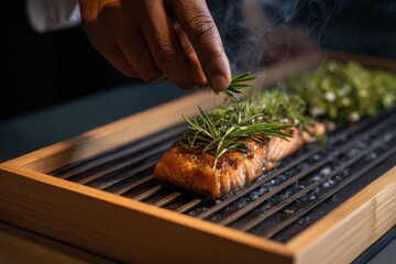 Foods styling magazine content concept. Fresh salmon being garnished with herbs on a grill, showcasing culinary artistry.