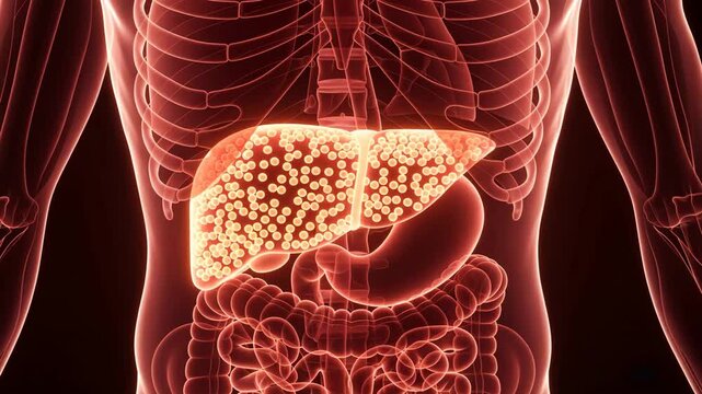 A transparent torso with glowing red with bright liver nodules, concept of fatty liver disease, hepatic steatosis