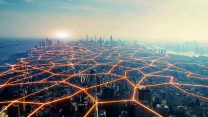 Aerial view of modern metropolis with a glowing digital overlay. Concept of futuristic technology, data communication, and smart city - Powered by Adobe