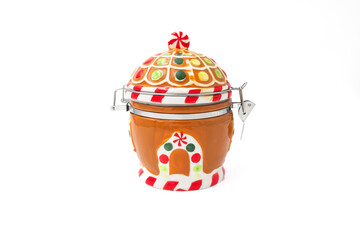 Traditional Clay Bowl and Jar with Holiday Christmas Decoration Isolated on White Background