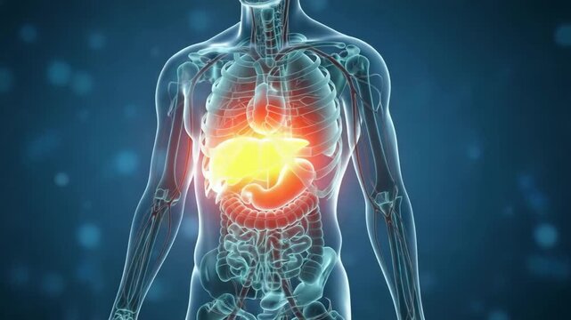 A blue torso with glowing orange liver visualizing a fatty liver disease, hepatic steatosis anatomy