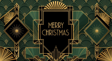 Elegant art deco merry christmas greeting with festive gold and green pattern. luxurious and geometric background