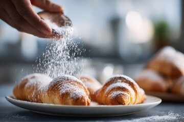 Foods styling magazine content concept. Freshly baked croissants being dusted with powdered sugar on a plate.