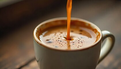 the precise moment espresso is being poured into a small, speckled ceramic cup, creating a rich, frothy surface.