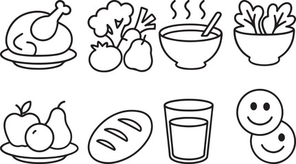 Family Dinner Line and black Icons Set – Food, Meal, Kitchen, Restaurant.