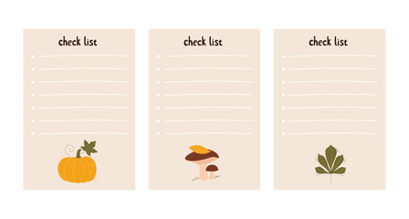 Set of cute sticker templates such as task planners, checklists, to-do lists. Perfect for kids, school or office. Autumn elements, pumpkin, mushroom and leaf. Vector