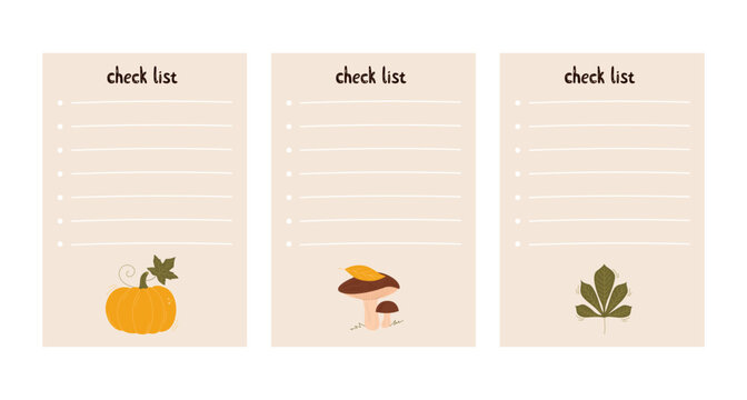 Set of cute sticker templates such as task planners, checklists, to-do lists. Perfect for kids, school or office. Autumn elements, pumpkin, mushroom and leaf. Vector