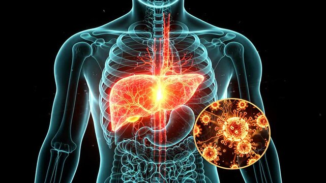 A blue torso with red liver showing a glow and virus inset, medical concept of fatty liver disease, hepatic steatosis infection