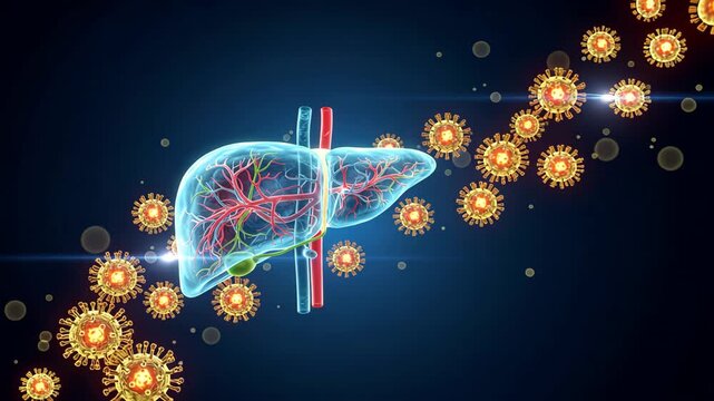 A glowing blue liver surrounded by golden viruses, showing fatty liver disease, hepatic steatosis visualization