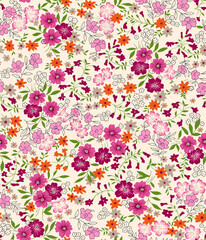 Vibrant floral pattern with pink and orange blossoms for a fresh, modern design, perfect for textiles, wallpaper, and spring-themed projects