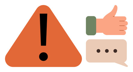 Large orange warning triangle with bold exclamation mark, green thumbs-up gesture, and speech bubble with dots. Ideal for safety, feedback, communication, alert, approval, decision-making simple