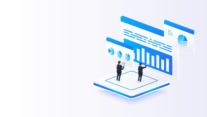 Isometric stock market data analysis. analyzing business data and financial growth charts.