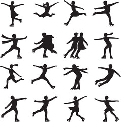 Silhouettes of Figure Skaters Performing Various Moves on White Background