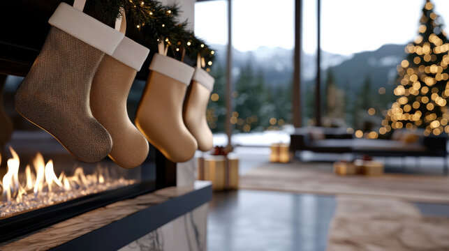 A luxurious fireplace scene featuring elegant stockings adorned with festive greenery, providing a perfect backdrop for a sophisticated holiday celebration.