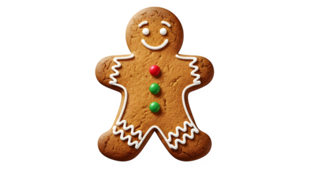 A delicious, freshly baked gingerbread man cookie decorated with white icing trim and three colorful candy buttons, isolated on transparent background