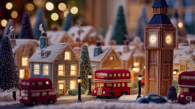 miniature town scene, intricate clock tower, vintage bus, gray and brown color palette, soft depth of field, whimsical atmosphere, suitable for website banner, social media header, presentation backgr