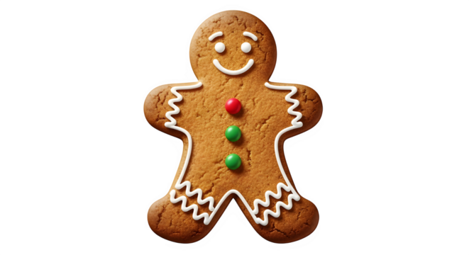 A delicious, freshly baked gingerbread man cookie decorated with white icing trim and three colorful candy buttons, isolated on transparent background