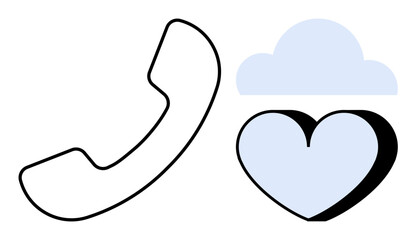 Phone receiver, cloud, and heart representing communication, technology, connection, support, relationships, care and emotional bonds. Ideal for customer service remote work cloud tech mental