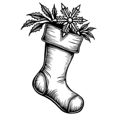 Christmas stocking filled with gifts and holly leaves in festive arrangement. Concept of holiday celebration and seasonal decoration - tradition - festive gift