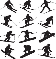 Skiing and Snowboarding Silhouettes Vector Illustration Winter Sport Activities Graphics