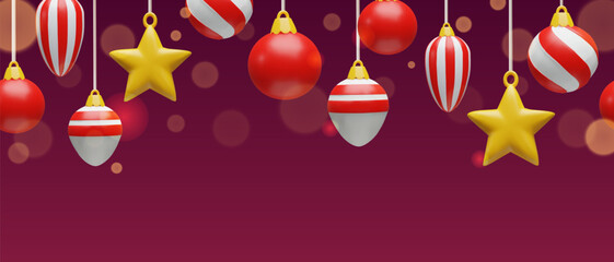 Merry Christmas and Happy New Year greeting banner with hanging 3D ornaments. Festive holiday background with red baubles and yellow stars. Winter celebration card template