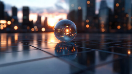 A reflective disco ball positioned seamlessly in an urban landscape captures the vibrant energy of the city, blending nightlife excitement with artistic flair perfectly.