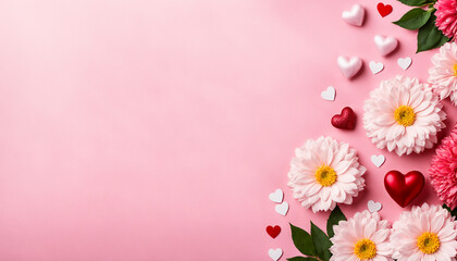 pink background with large pastel chrysanthemum flowers and red hearts and green leaves arranged on side