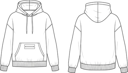 Technical Flats Oversized Hoodie Vector Illustration, Pullover Sweatshirt Design Template, Casual Streetwear Garment Sketch, Unisex Apparel CAD Drawing. © Kamrul