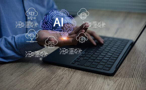 Professional working on laptop with glowing AI interface and system cloud technology icons, showcasing digital innovation, data processing, artificial intelligence solutions future