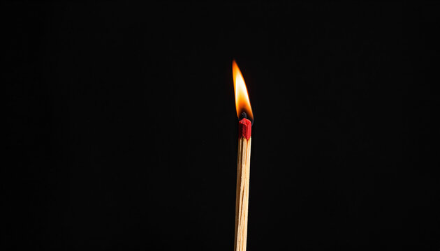 burning wooden matchstick with orange flame and smoke rising against dark darkness