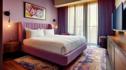 A contemporary and colorful bedroom featuring a plush queen bed, soft lilac hues, and warm wooden flooring, offering a cozy aesthetic.