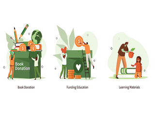 Charity concepts for supporting education with donations and volunteering vector set