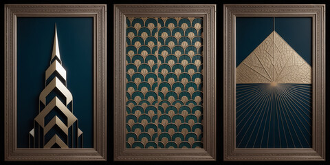 Luxurious Art Deco triptych wall panels, ornate bronze frames, golden geometric patterns, sunburst and zigzag motifs, deep teal background, symmetrical, vintage elegance, high-contrast.