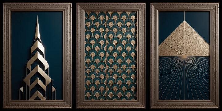 Luxurious Art Deco triptych wall panels, ornate bronze frames, golden geometric patterns, sunburst and zigzag motifs, deep teal background, symmetrical, vintage elegance, high-contrast. - Powered by Adobe
